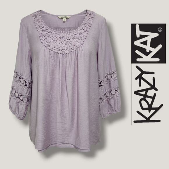 Krazy Kat Lilac Crochet Lace Boho Peasant Blouse XL Rayon Nylon Blend - Picture 7 of 7
